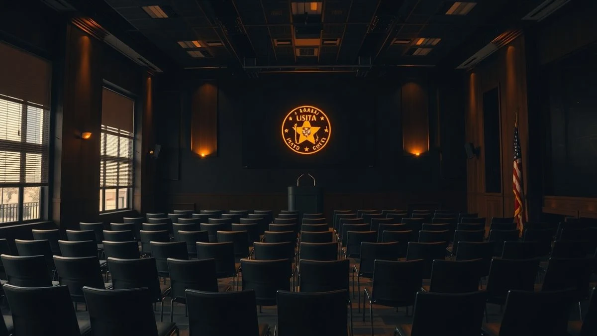 Empty PSOE meeting room with chairs and a podium, illuminated by night neon light