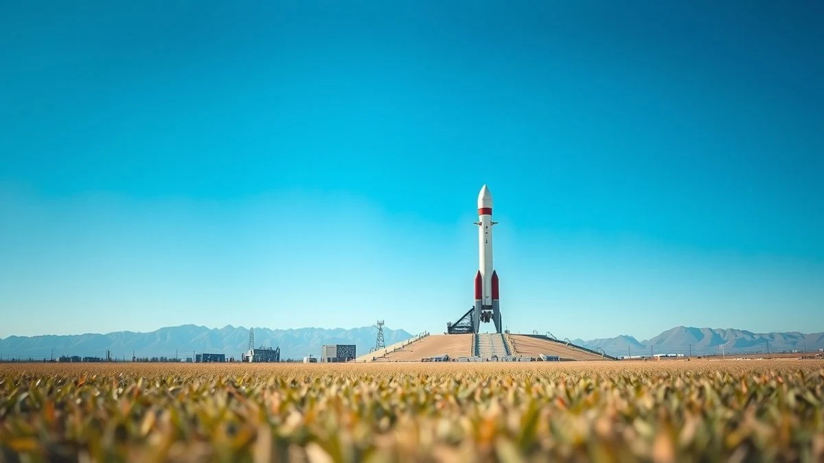 Small rocket on a launch pad in a green field with a blue sky and mountains in the background