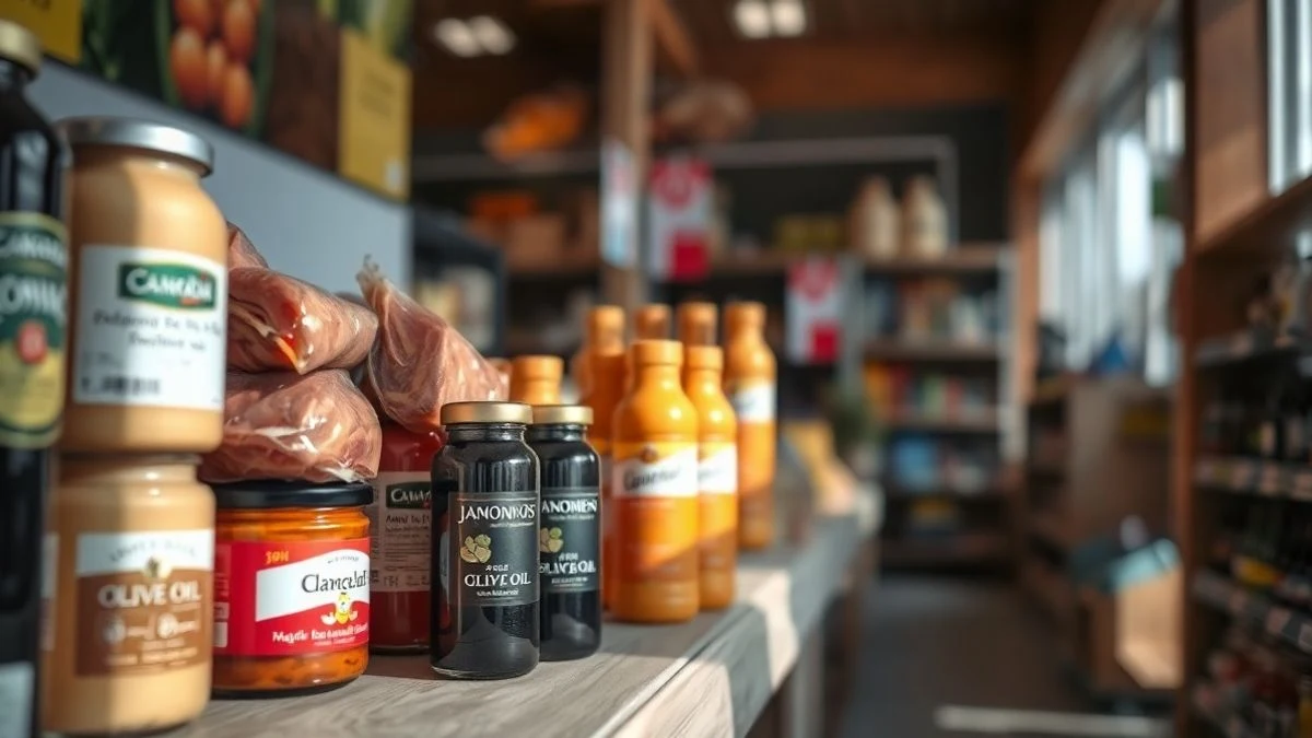 Wooden shelf with jars of ham and olive oil in a supermarket, warm afternoon light