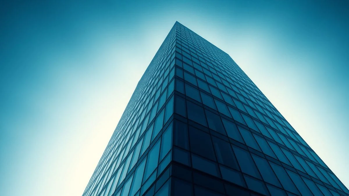 Imagen ilustrativa: fachada de un edificio de oficinas moderno con reflejos de luz y cielo azul de fondo