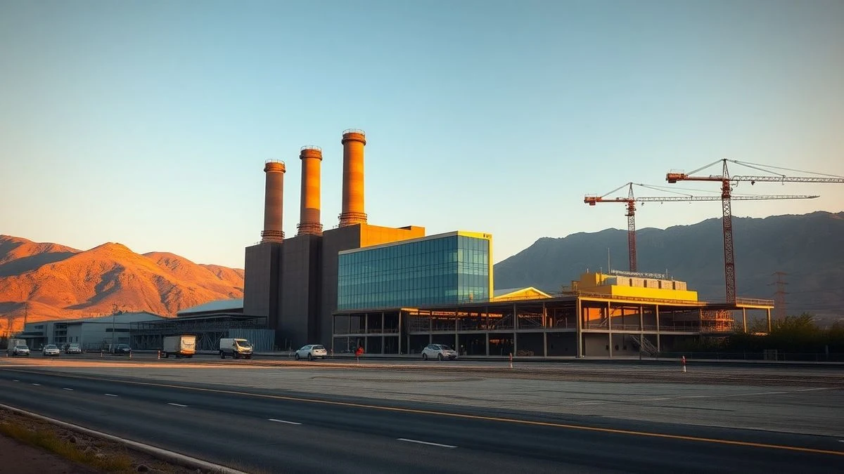 General view of the Three Chimneys of Besòs with a modern model or structure in the foreground, at sunset.
