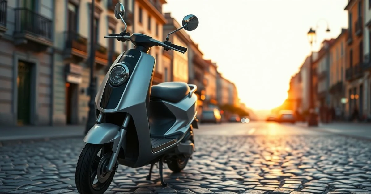 Silver and black electric scooter parked on a cobbled street at sunset in a Spanish city