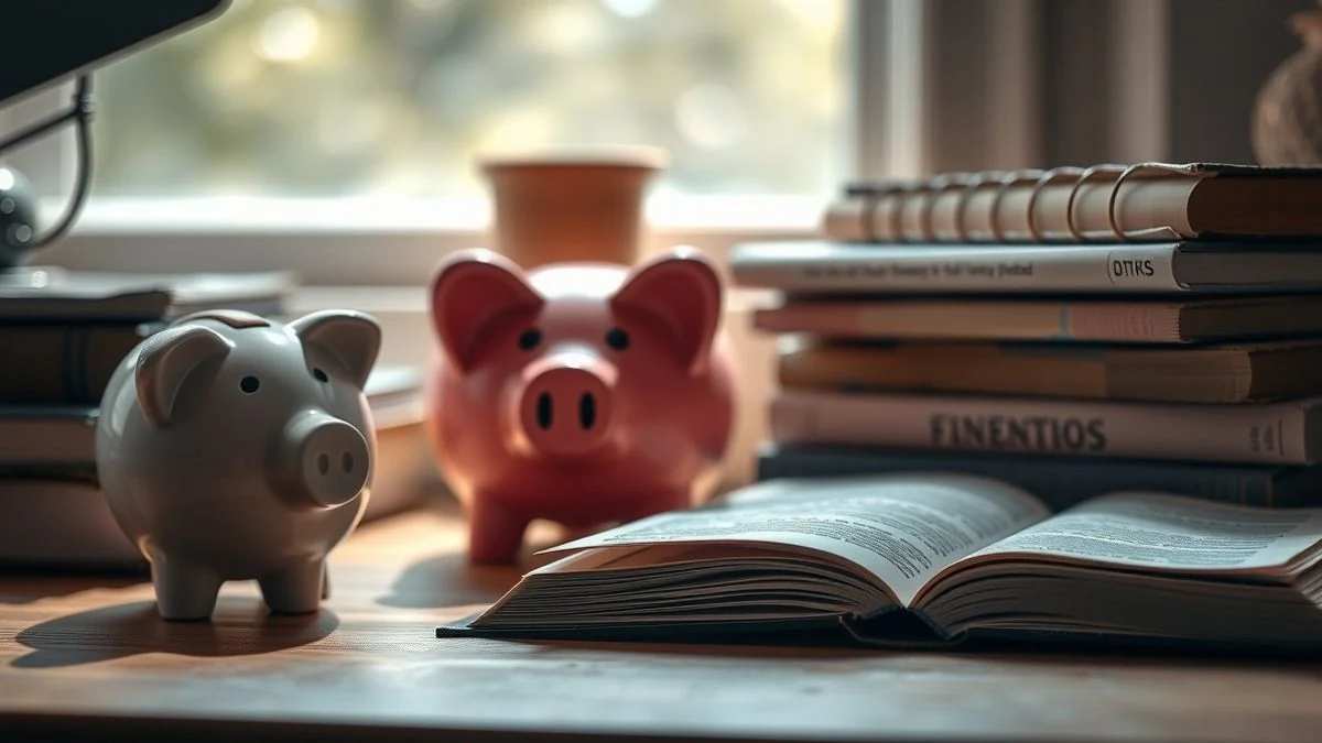 Piggy bank and books on a wooden desk with natural light