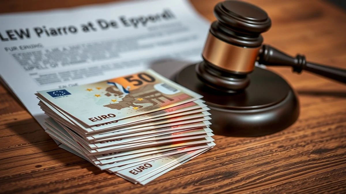 Close-up of a bundle of euro notes on a wooden table, with a gavel and a legal document blurred in the background.