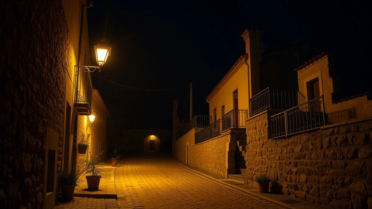 Night rural street with streetlight and shop window in a village of Tierra de Campos