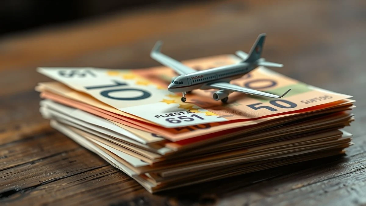 Bundle of euro notes with a model airplane on top, blurred background