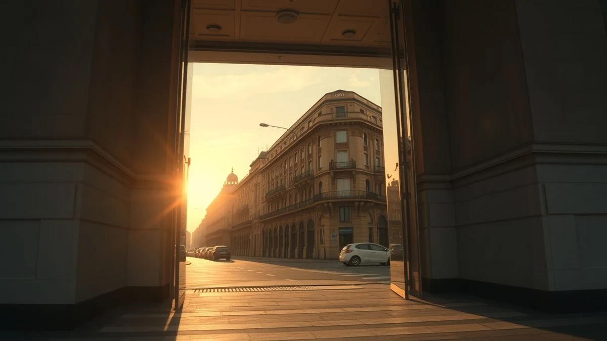 Facade of the Spanish Public Treasury at sunset with converging perspective lines