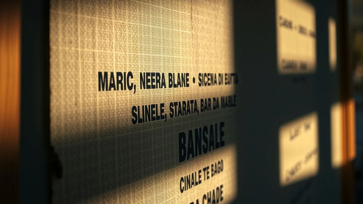 Close-up of a wooden stock panel with names of small companies in worn letters, dramatic natural light