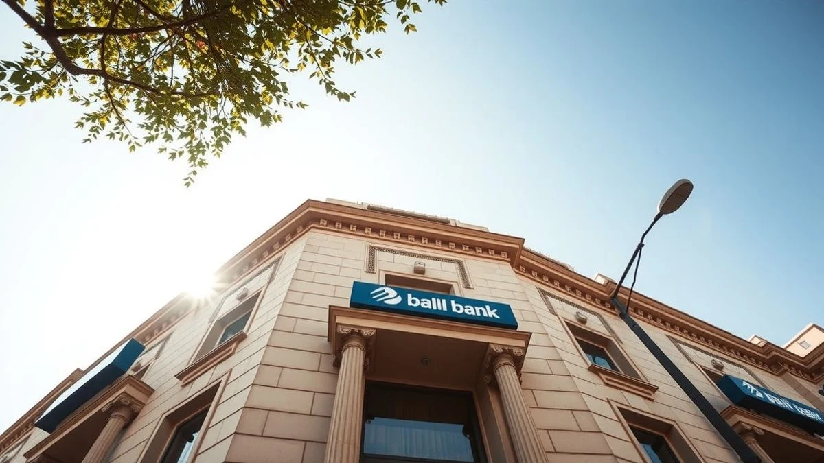 Facade of a bank from a low angle with sky in the background