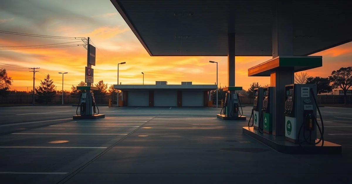 Empty service station at sunset with closed office building in the background