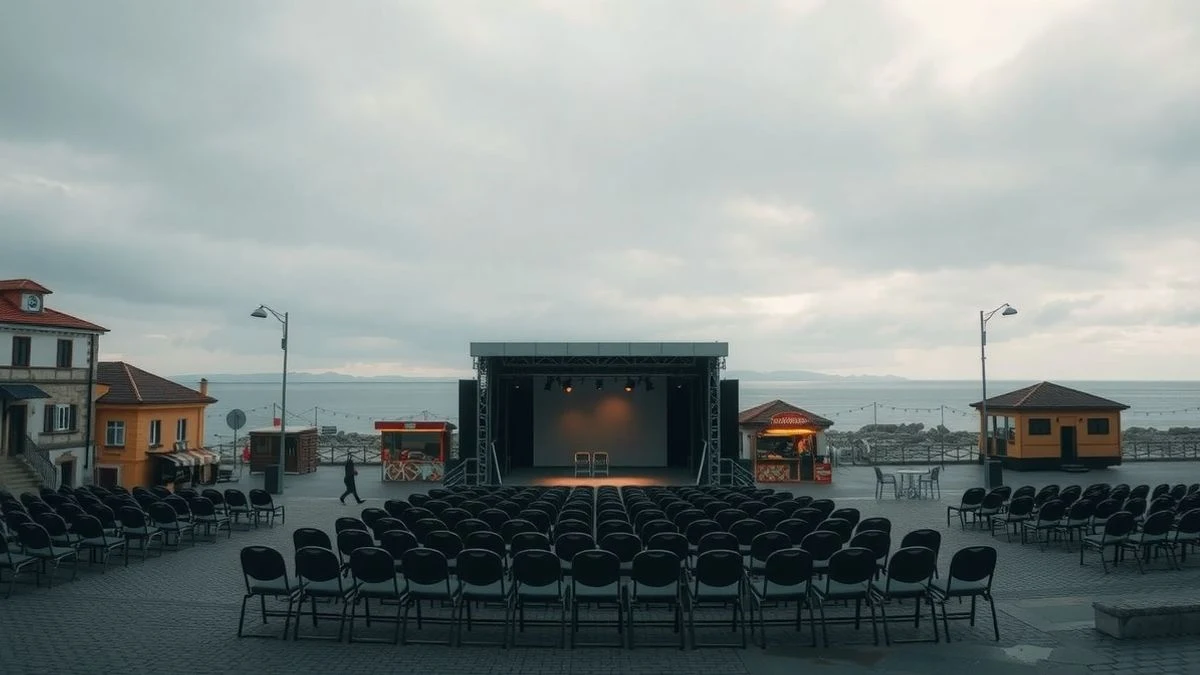 Illustrative image: coastal town square with an empty stage and food stalls in the background, winter atmosphere