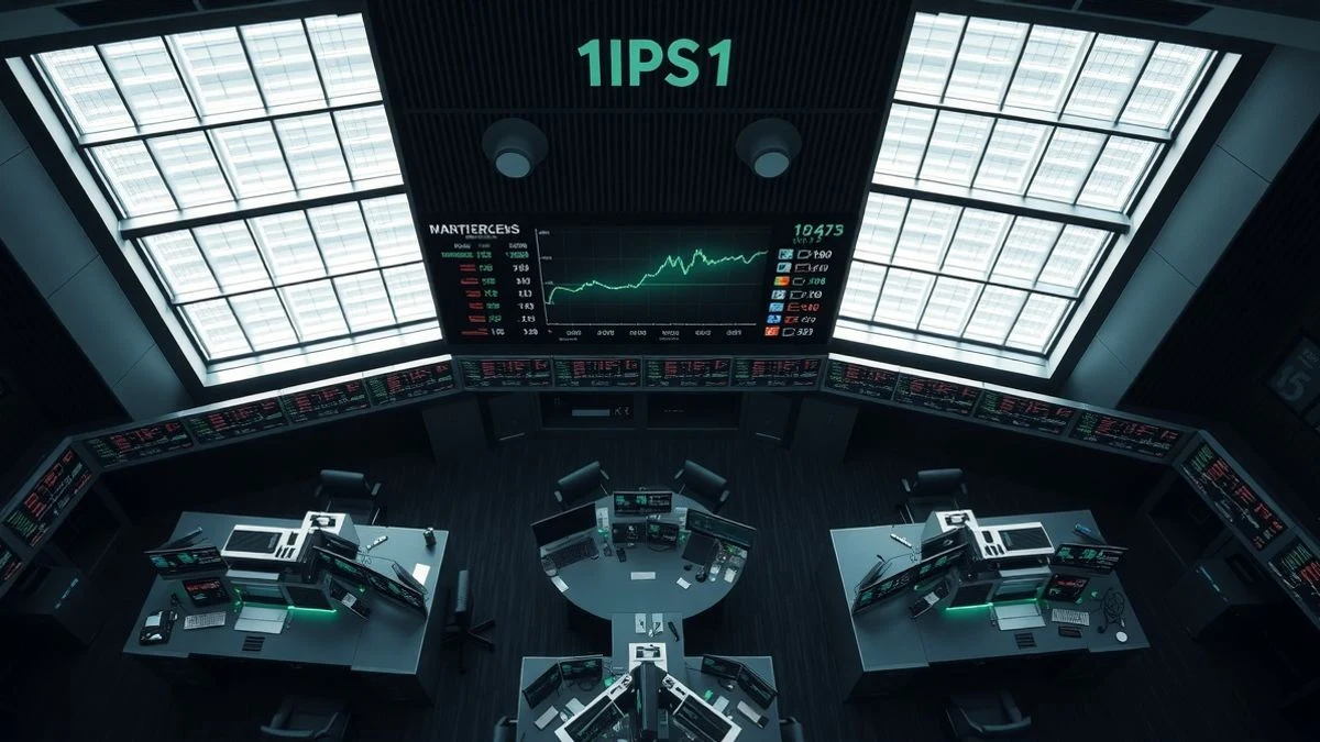 Aerial view of an empty stock exchange floor with green screens and upward graphs