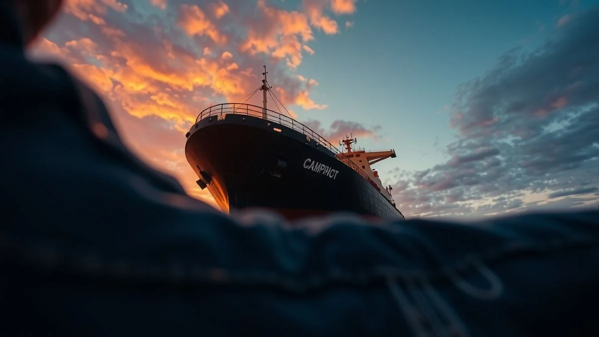Oil tanker seen from the water with the sky in the background at sunset