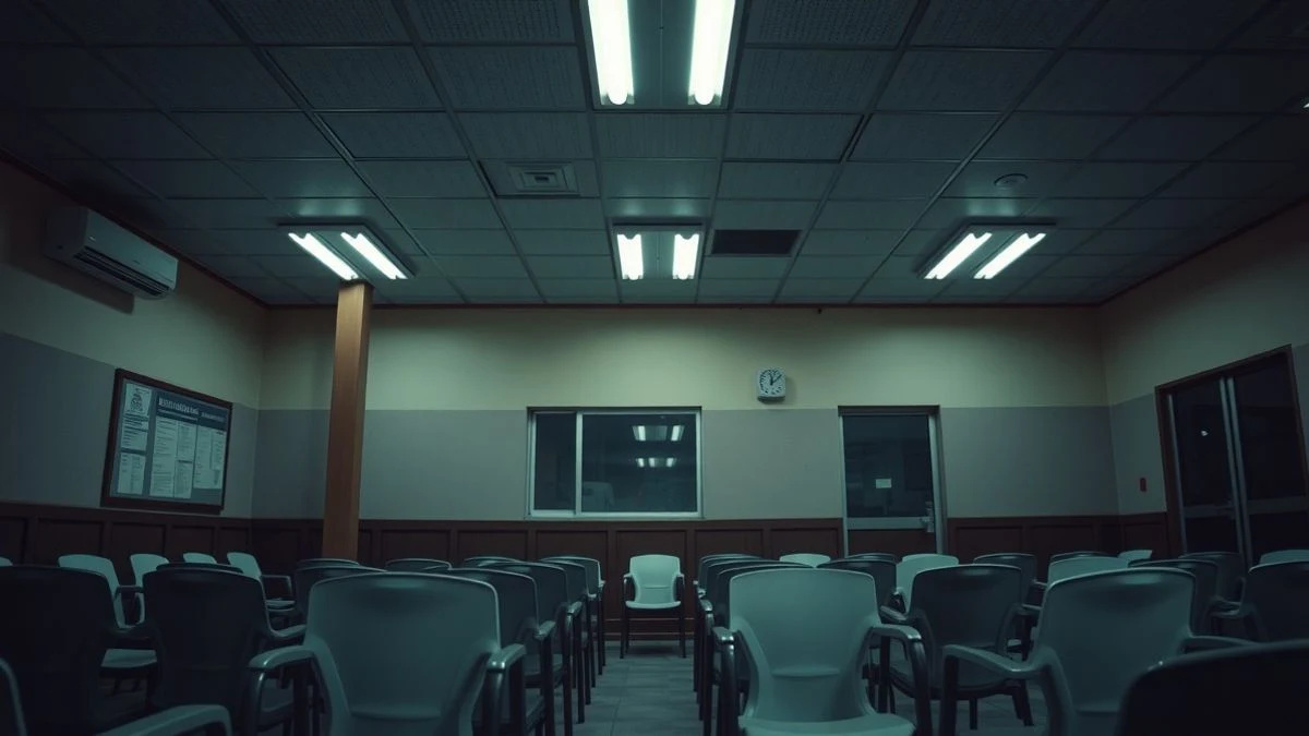 Illustrative image: empty waiting room of an employment office lit by fluorescent light, with plastic chairs and a notice board in the background.