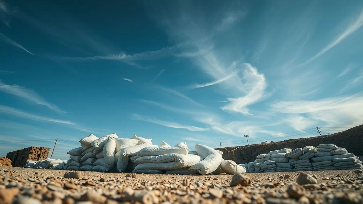 Close-up of a cement bag with construction work in the background under a cloudy sky