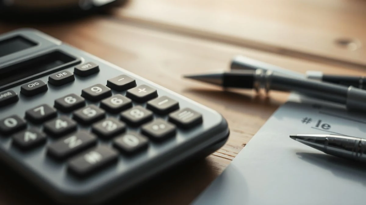 Close-up of a desk with a calculator, pen, and RETA document
