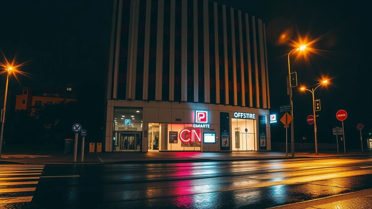 Illustrative image: facade of an office building illuminated by streetlights and neon at night