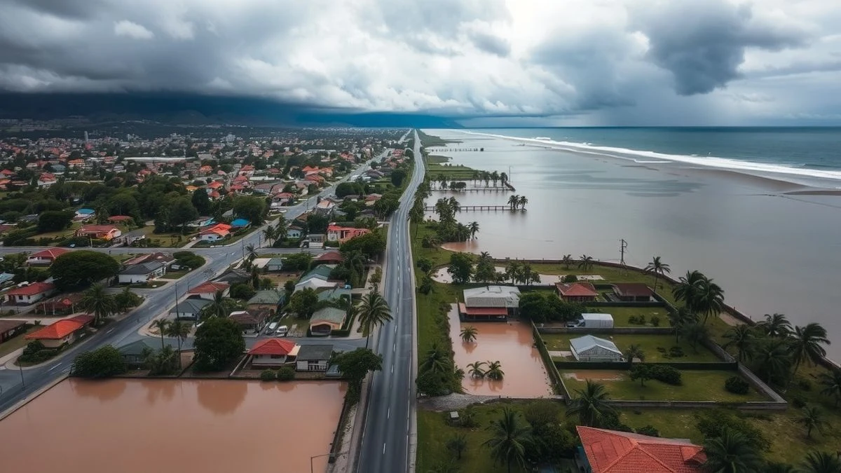 Aerial view of a coastal town with flooded streets and mud, storm clouds on the horizon.