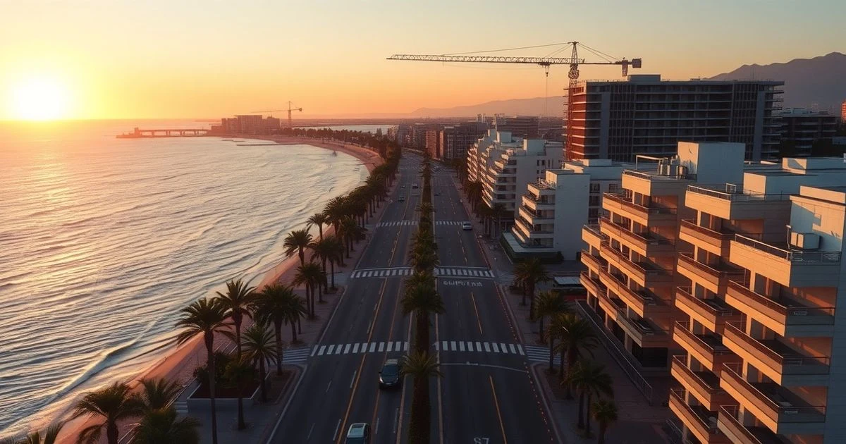 Aerial view of the Marbella coast at sunset with buildings and a construction crane