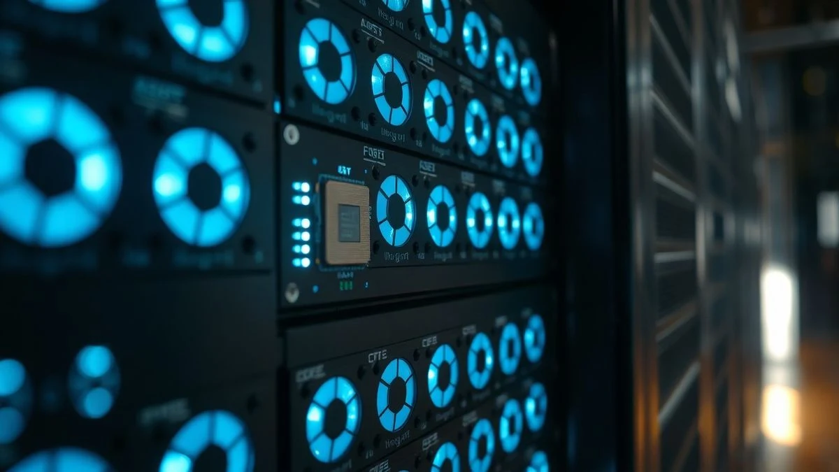 Close-up of a server with blue lights and a central chip