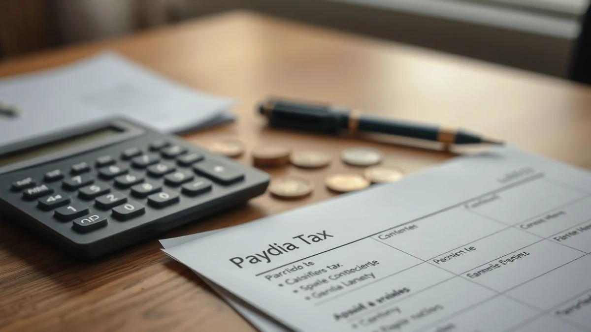 Imagen ilustrativa: un formulario de impuestos y una calculadora sobre una mesa de madera, con monedas de euro al fondo.