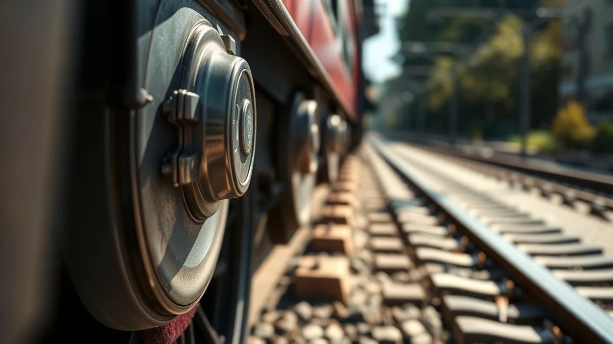 Illustrative image: close-up of a high-speed train wheel on the track, with dramatic lighting and a blurred background