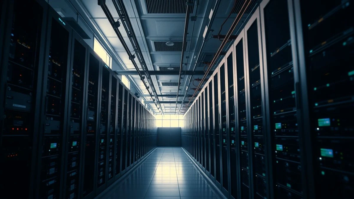 Aisle of a data centre with servers in rows, dramatic natural light