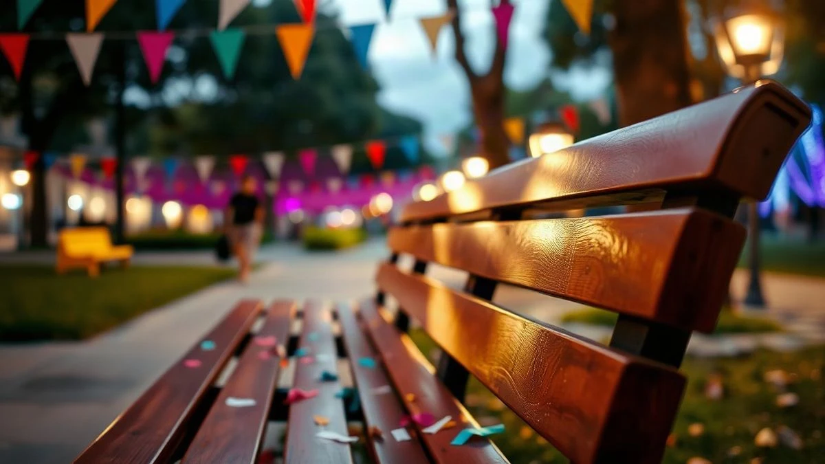Imagen ilustrativa: banco de madera vacío en un parque con luces festivas al fondo