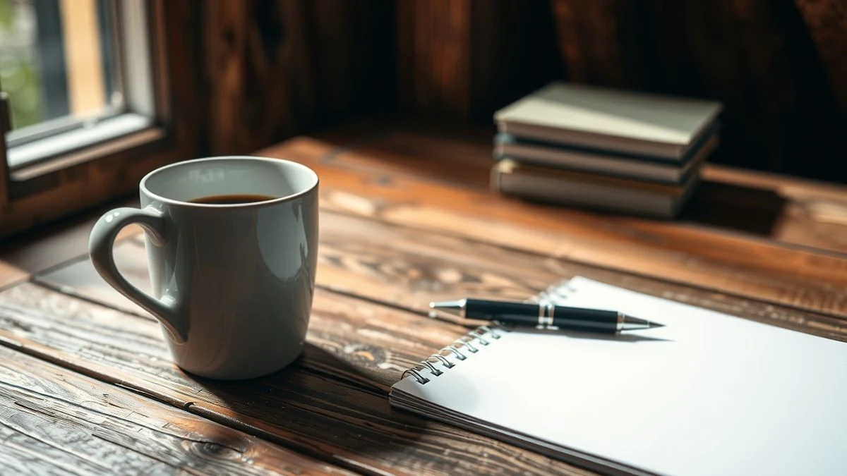 Close-up of a wooden desk with a coffee cup and an open notebook, soft natural light, blurred background.