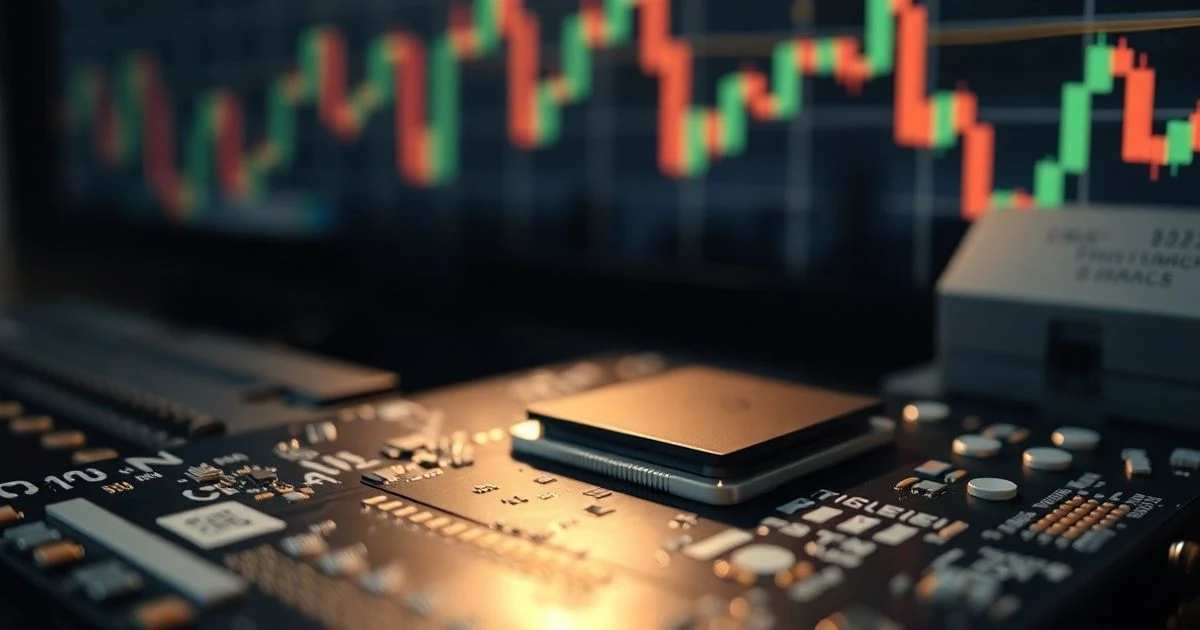 Close-up of a semiconductor wafer with circuits illuminated by natural light, with blurry stock charts in the background