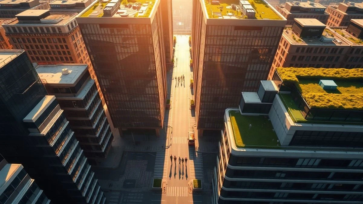Imagen ilustrativa: vista cenital de un distrito de negocios europeo con edificios de cristal y azoteas verdes al atardecer.