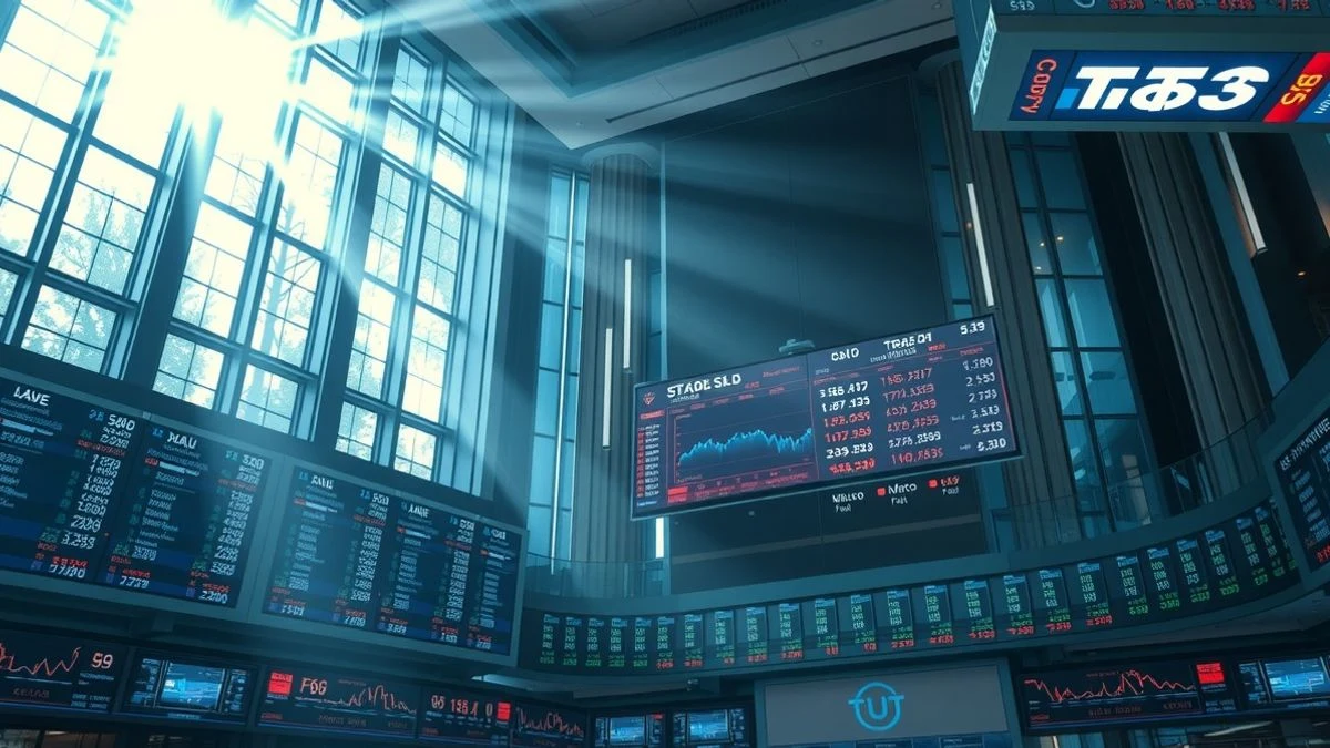 Interior of a trading room with digital screens showing stock charts and side window light