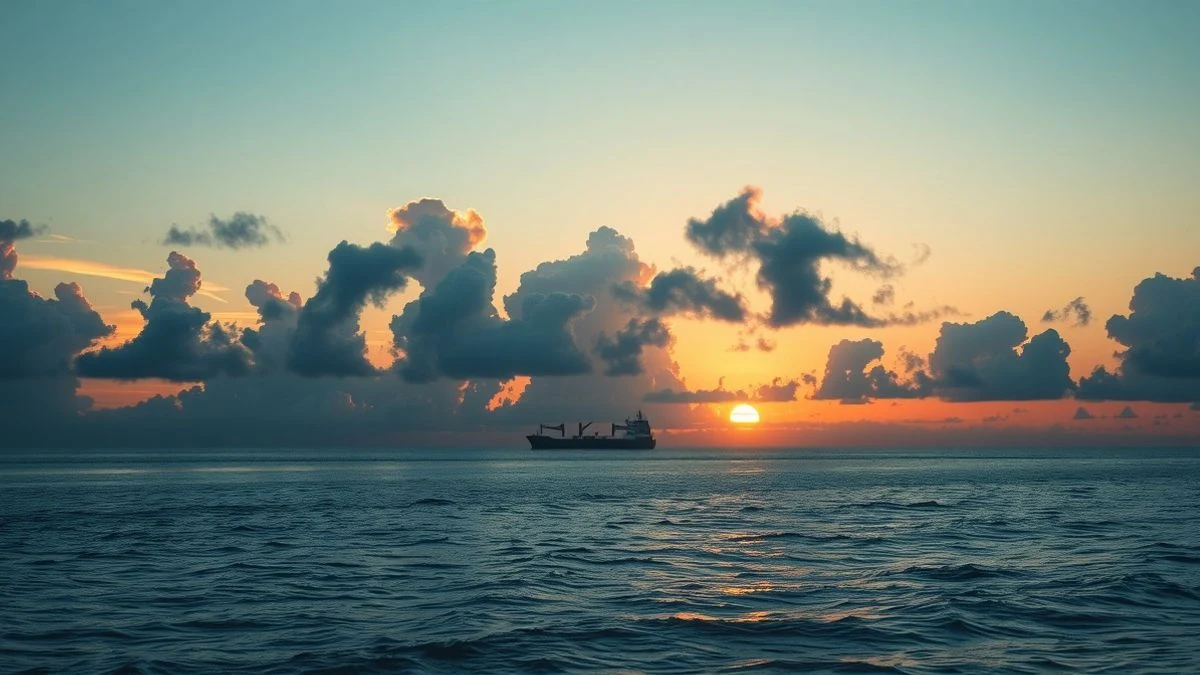 View of the Hormuz Strait at sunset with an oil tanker in the distance