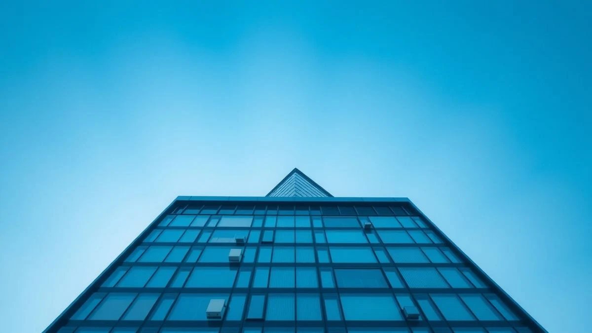 Office building viewed from the ground with a blue sky in the background