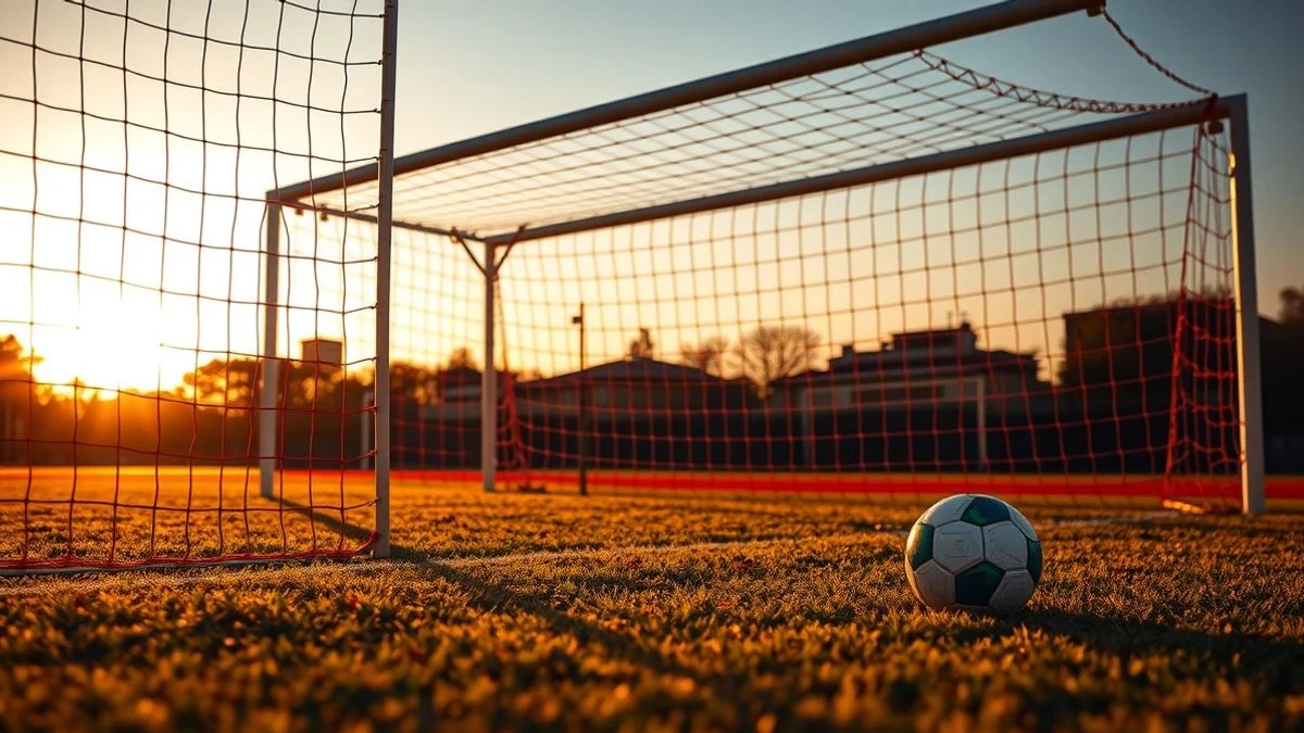 Football goal net at sunset with a ball on the penalty spot and long shadows
