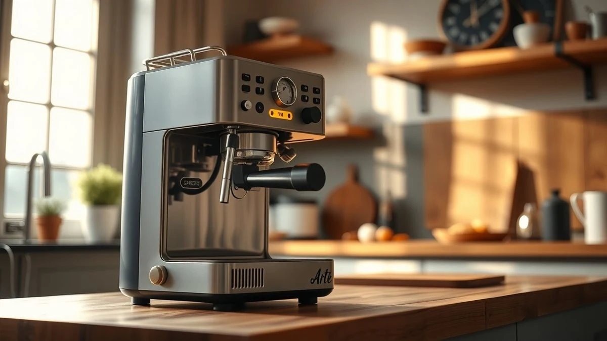 De'Longhi La Specialista Arte coffee machine on a wooden countertop with soft window light in the background