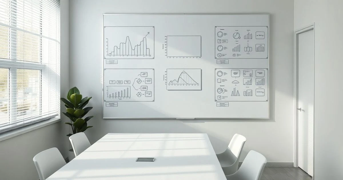 Sala de reuniones vacía con pizarra llena de gráficos abstractos y luz de tarde
