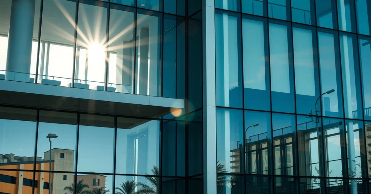 Fachada de un edificio moderno con grandes paneles de cristal y una terraza acristalada, luz solar reflejándose en el vidrio.