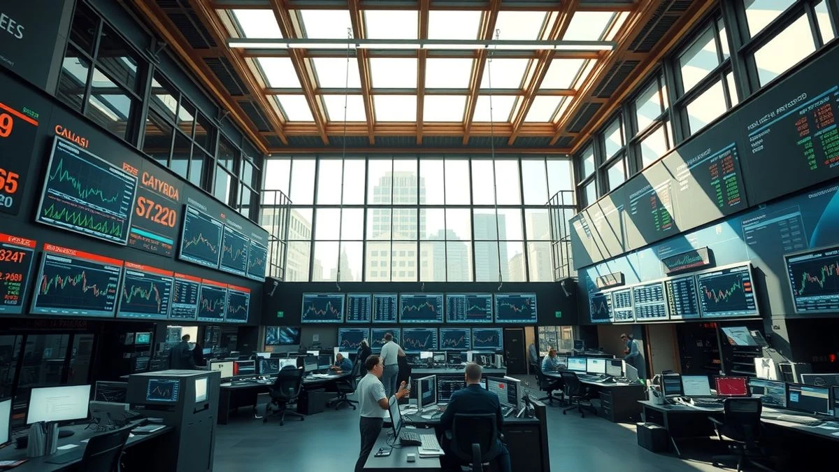 Wide shot of an empty trading room with screens and stock charts