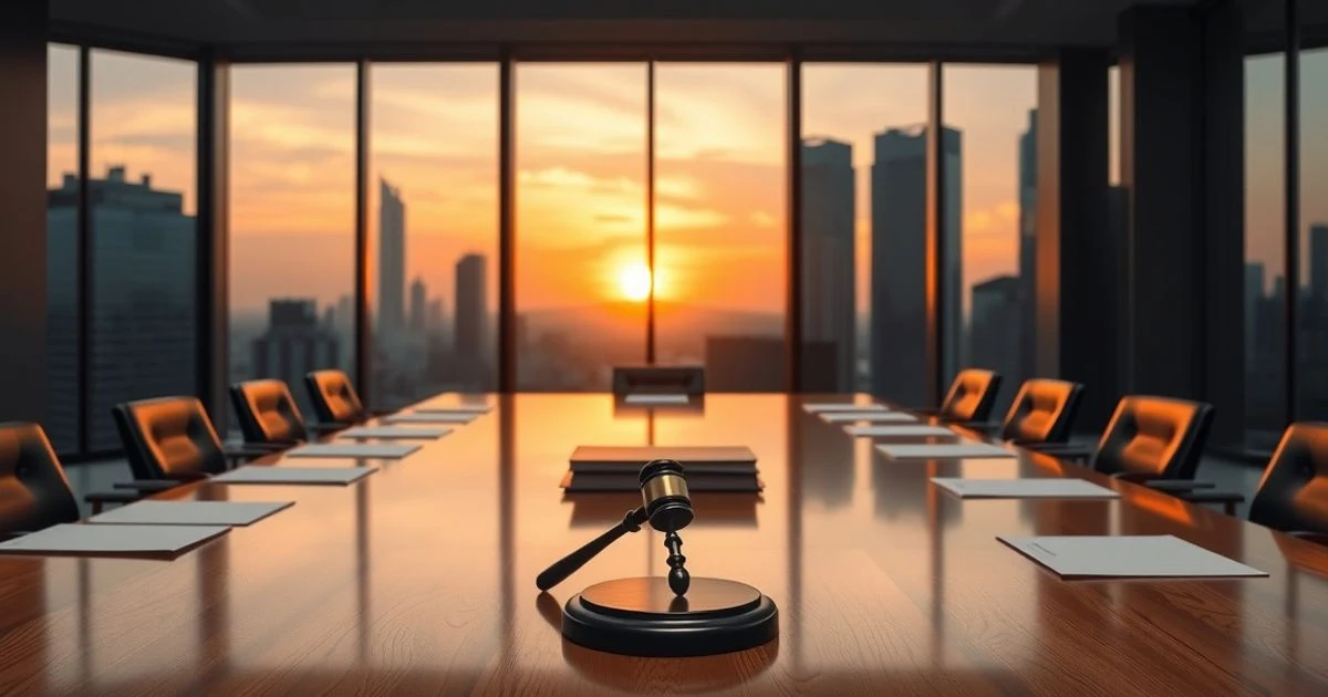 Empty central bank boardroom with wooden table, documents, and a gavel at sunset