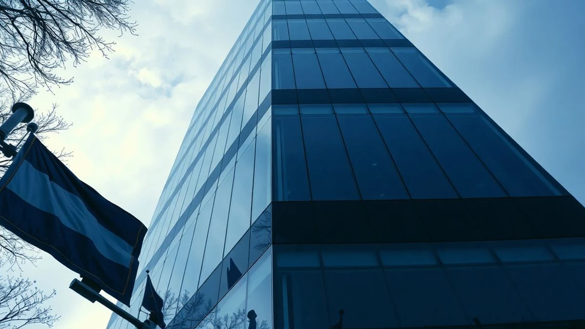 Imagen ilustrativa: ángulo bajo de un edificio de oficinas de cristal con cielo de fondo y líneas digitales superpuestas