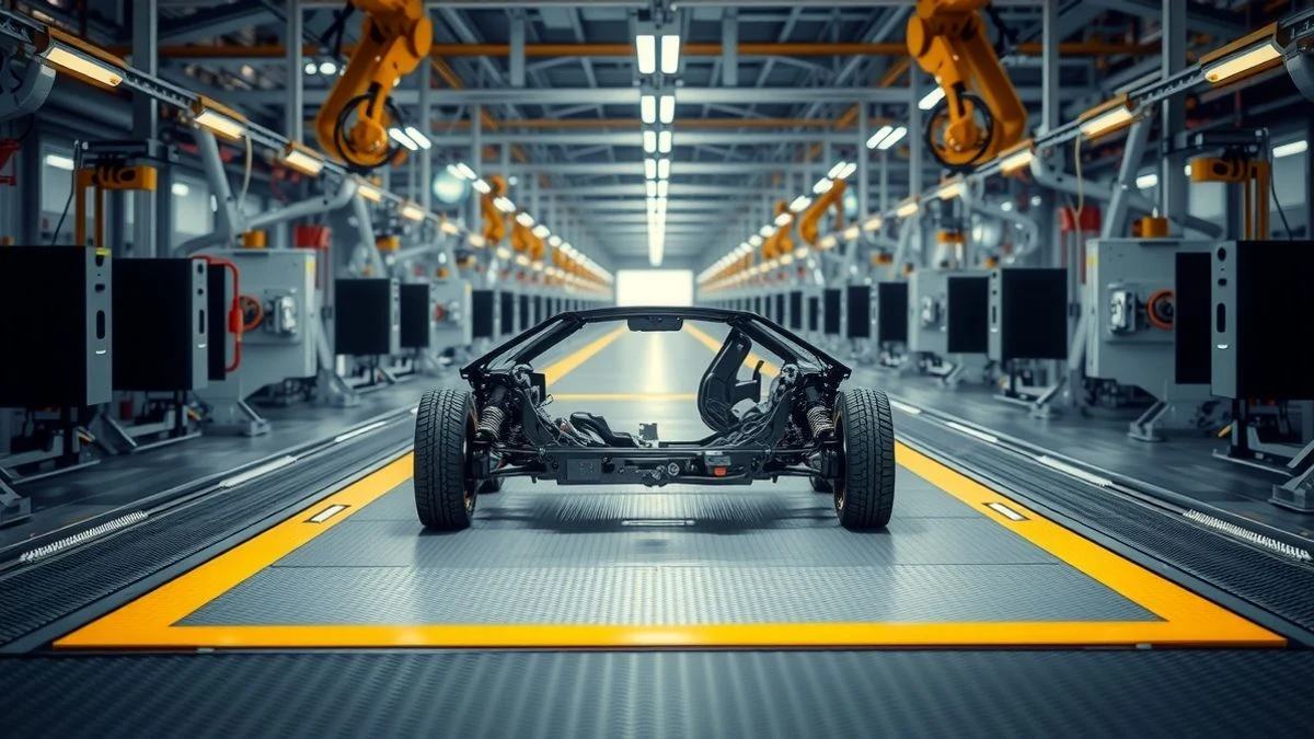Illustrative image: car factory assembly line with an electric vehicle chassis in the foreground and robotic arms in the background.