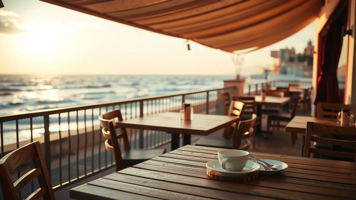 Terrace of a parador by the sea at sunset, with wooden tables and chairs, plates and a cup of coffee, waves in the background