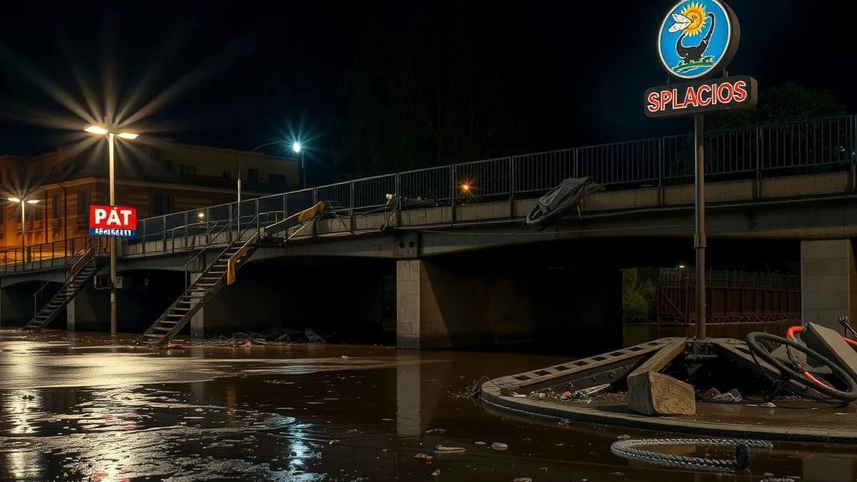 Damaged bridge by flooding illuminated by streetlights and neon at night