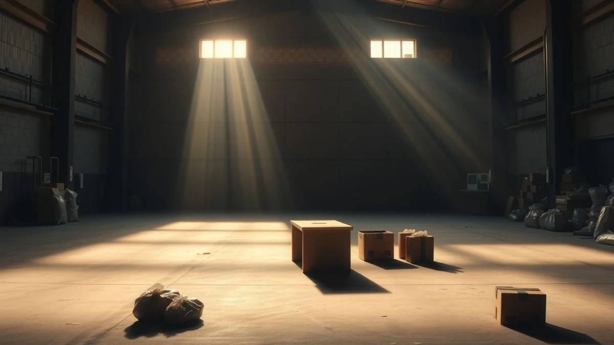 Illustrative image: an empty warehouse with an overturned table and scattered cardboard boxes, lit by natural light.