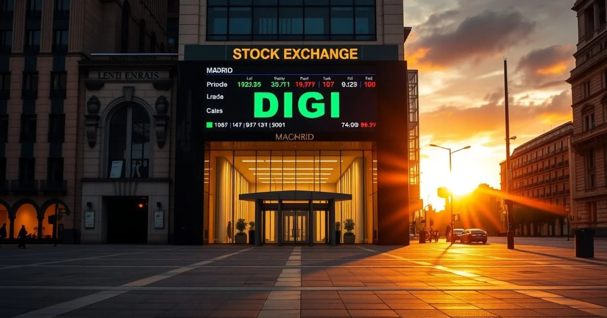 Facade of the Madrid Stock Exchange building with a digital screen showing quotes and the name 'DIGI' in green.