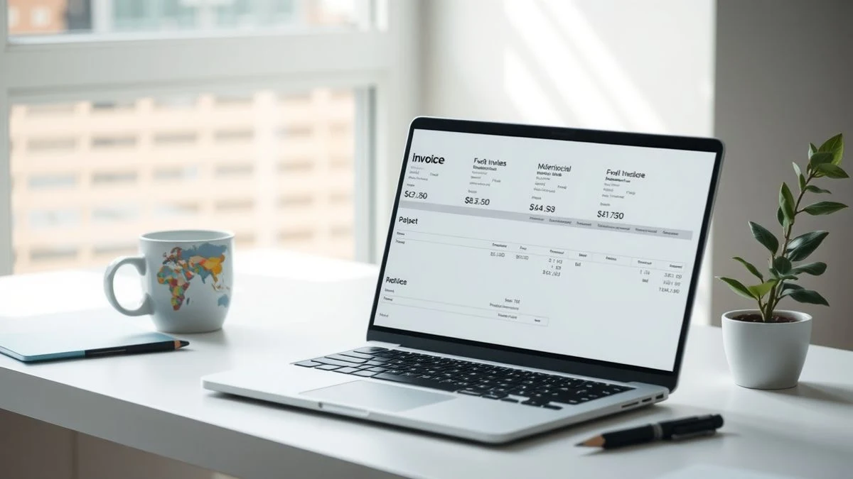 Minimalist desk with laptop displaying an invoice, a coffee cup, and a small plant
