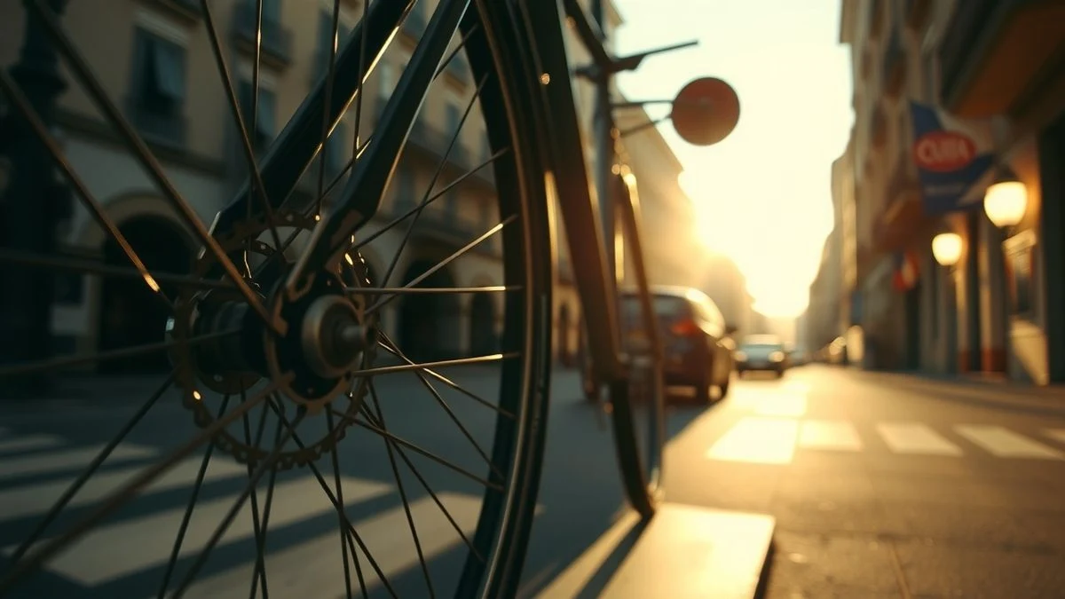 Illustrative image: close-up of an urban bicycle wheel at sunset, with a blurred street background.