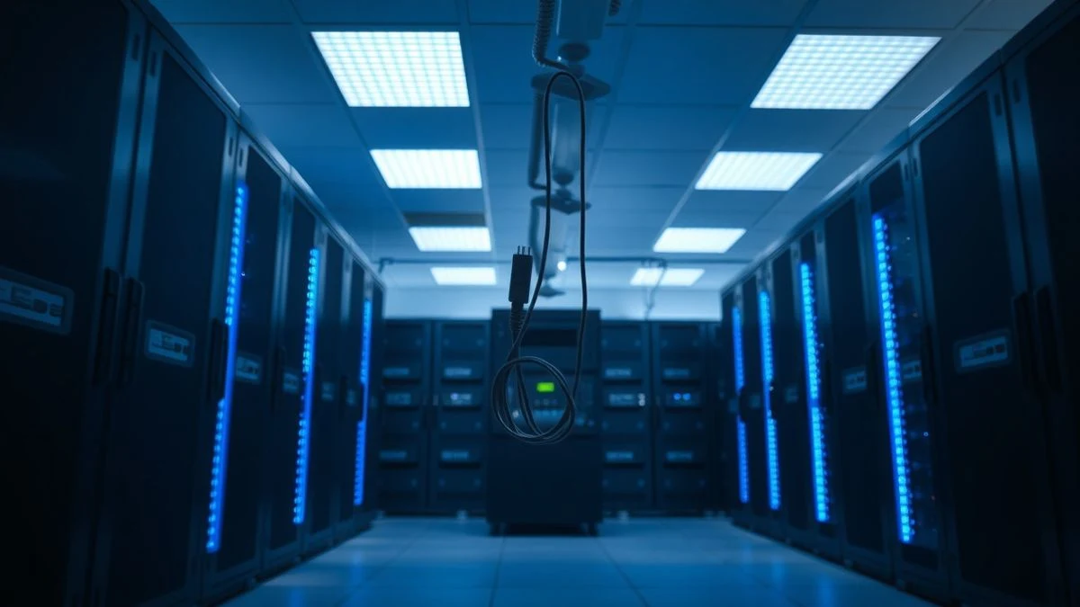 Illuminated computing servers with blue LED lights in an empty room