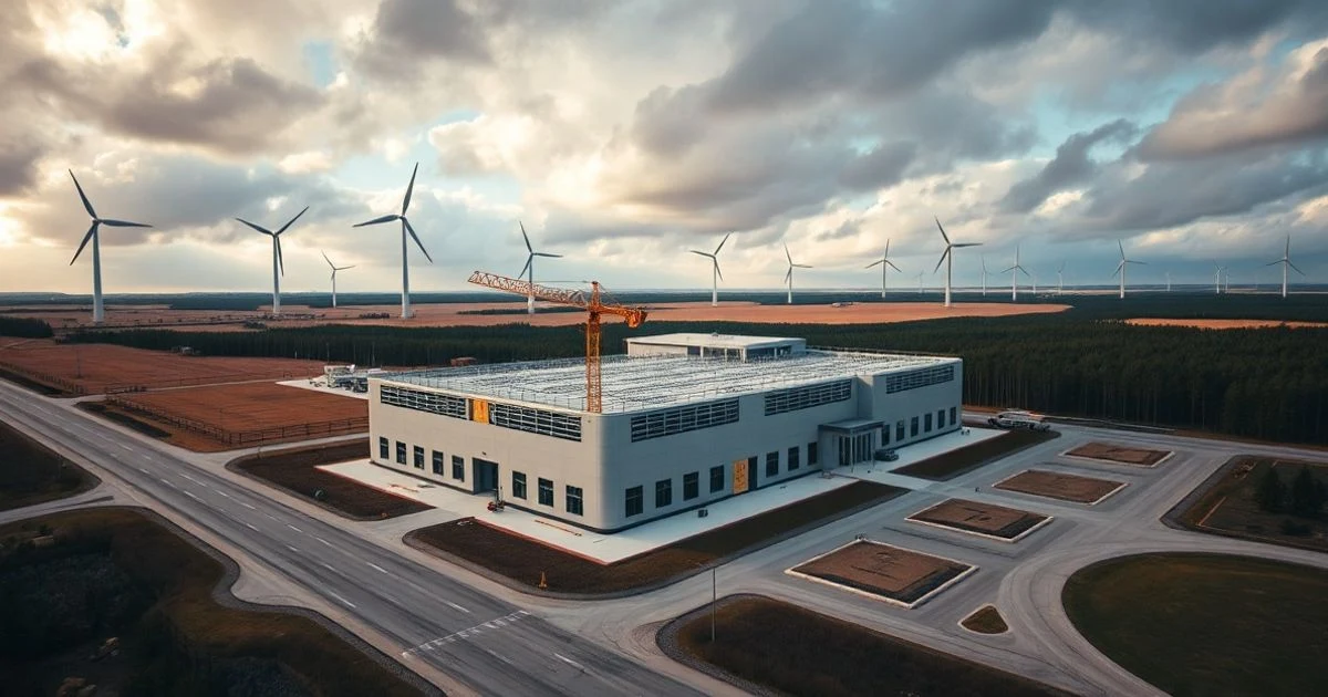 Vista aérea de un centro de datos en construcción en un paisaje nórdico con molinos de viento al fondo
